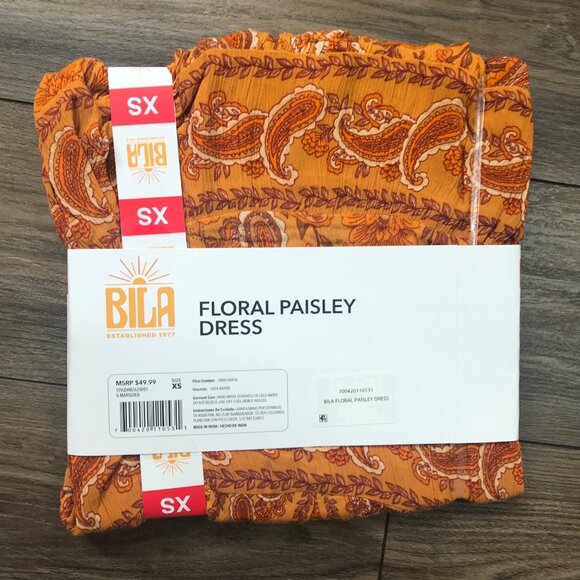 Bila Floral Paisley Short‎ Tiered Dress Women's XS Boho Relaxed Fit Marigold NEW - Picture 7 of 10